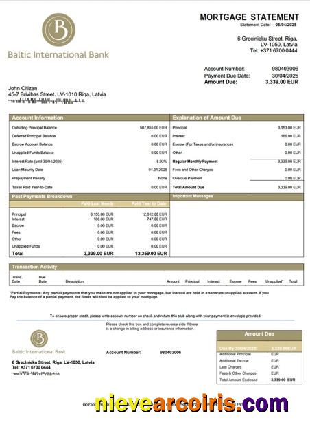Latvia Baltic International Bank SE mortgage statement Word and PDF template